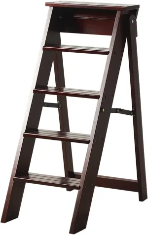 SHU Thickened Solid Wood Five-Step Climbing Ladder Multi-Functional Load-Bearing Herringbone Ladder Indoor Flower Stand (Color : Dark Brown Color)