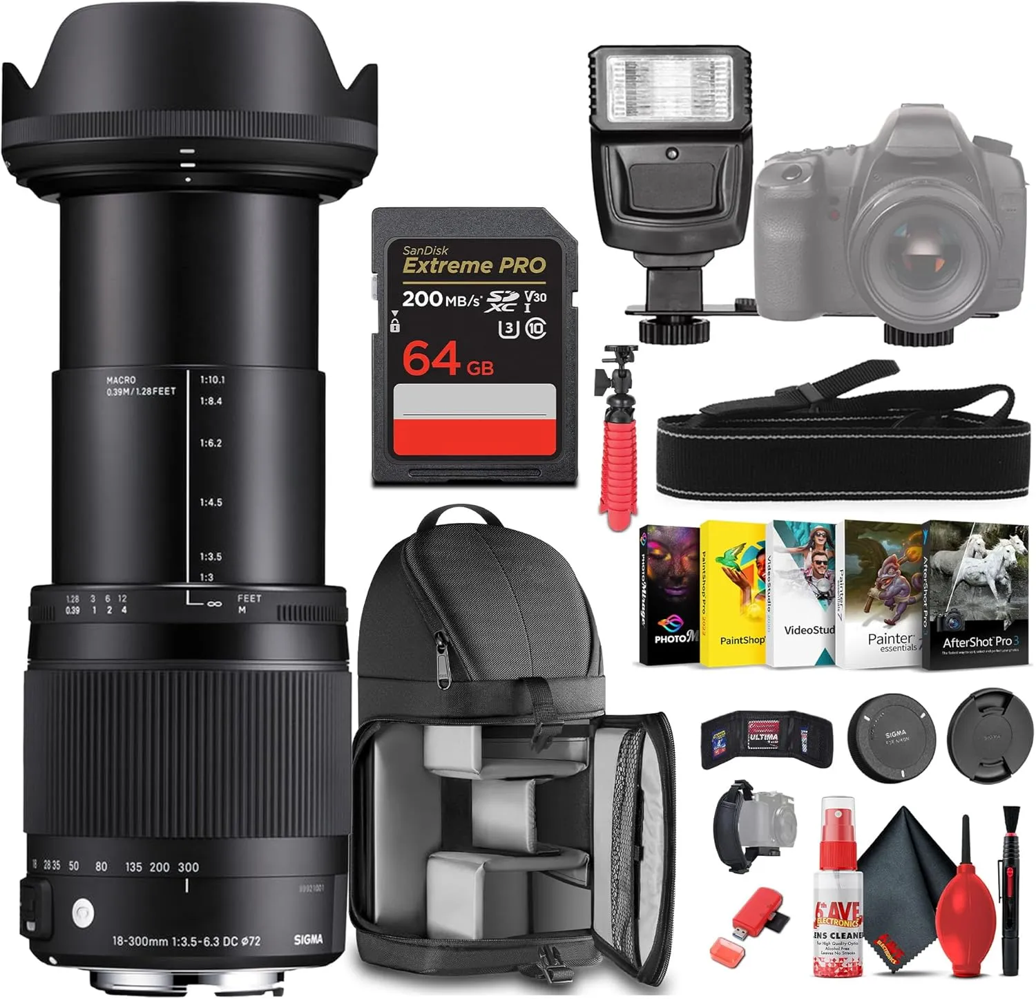 Sigma 18-300mm f/3.5-6.3 DC OS HSM Contemporary for Nikon Bundle Includes: Backpack, Flash, Memory Card, Card Wallet, 12 inch Tripod, Cleaning Kit, Blower Brush, Lens Pen, Neck Strap   More