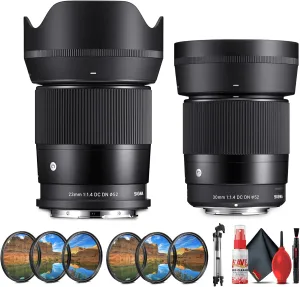 Sigma 23mm f/1.4 DC DN Contemporary Lens 348972, 30mm f/1.4 Lens 302972 for Canon RF Mount Bundle for Professional use, Weddings, Indoor/Outdoor Adventure   Accessories
