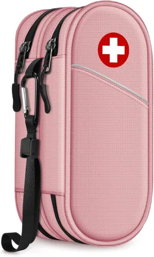 SITHON Double-Layer Epipen Carrying Case, Travel Medication Organizer Bag Emergency Medical Pouch Holds 2 EpiPens, Asthma Inhaler, Anti-Histamine, Auvi-Q, Allergy Medicine Essentials (Pink)