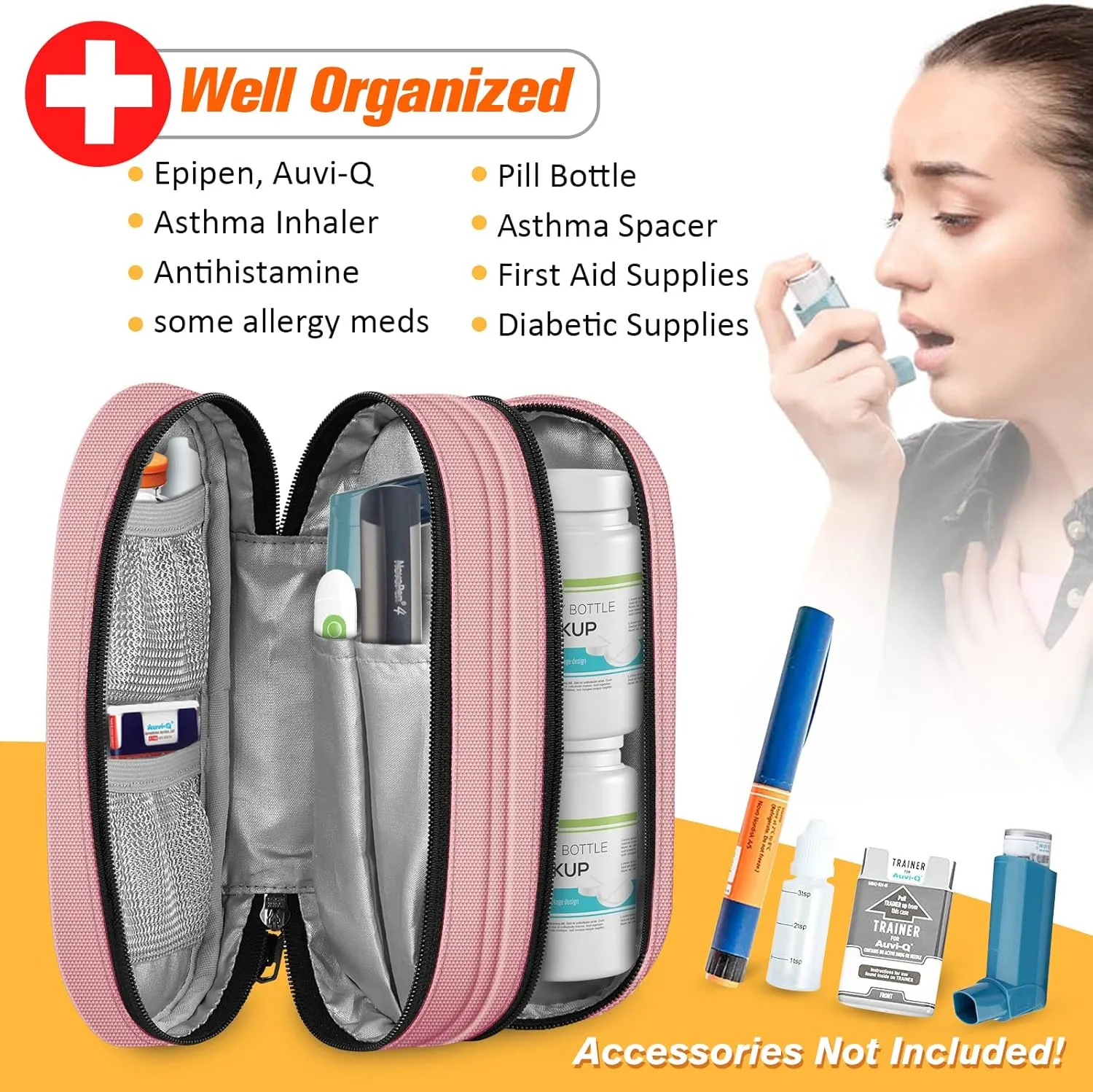 SITHON Double-Layer Epipen Carrying Case, Travel Medication Organizer Bag Emergency Medical Pouch Holds 2 EpiPens, Asthma Inhaler, Anti-Histamine, Auvi-Q, Allergy Medicine Essentials (Pink)
