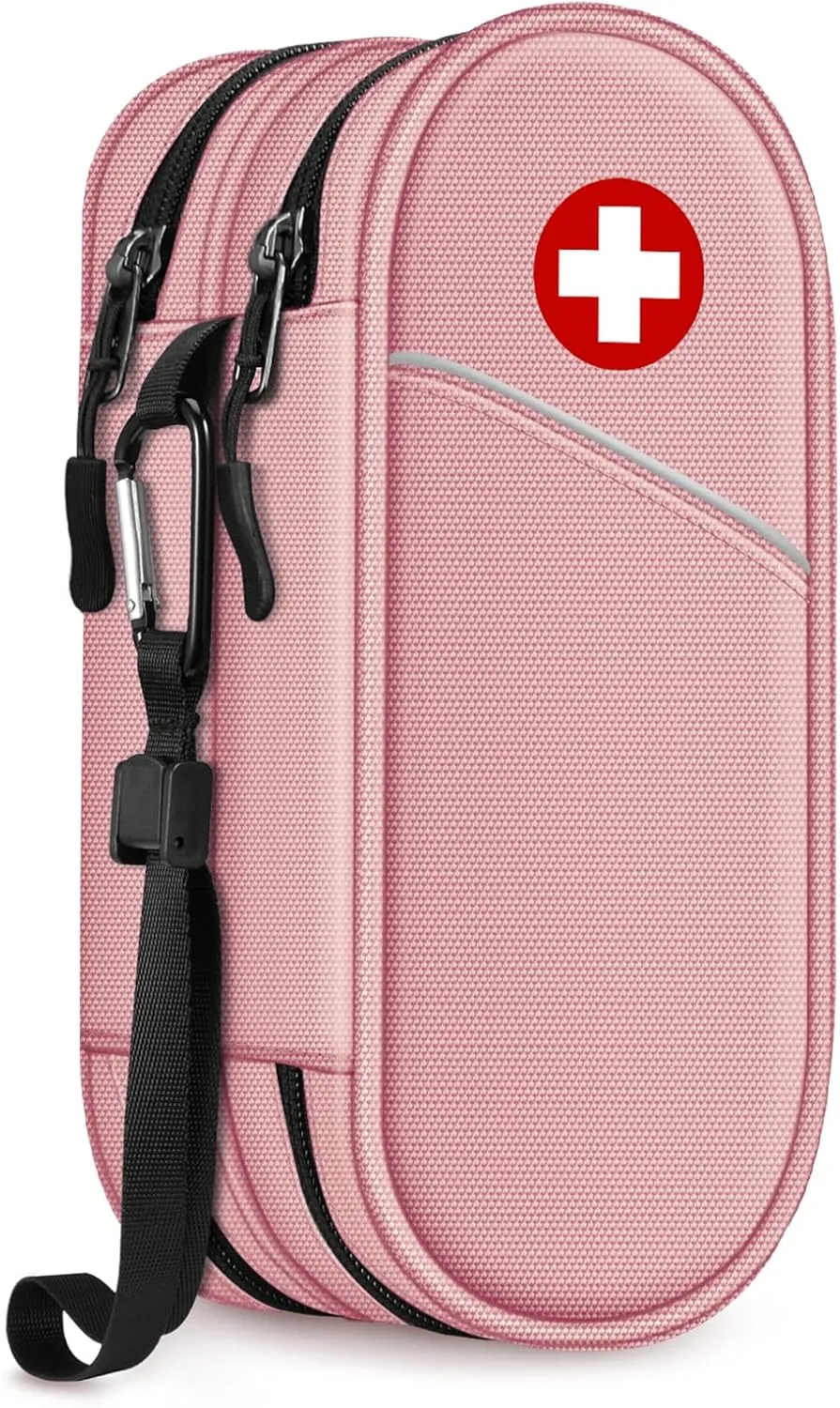 SITHON Double-Layer Epipen Carrying Case, Travel Medication Organizer Bag Emergency Medical Pouch Holds 2 EpiPens, Asthma Inhaler, Anti-Histamine, Auvi-Q, Allergy Medicine Essentials (Pink)