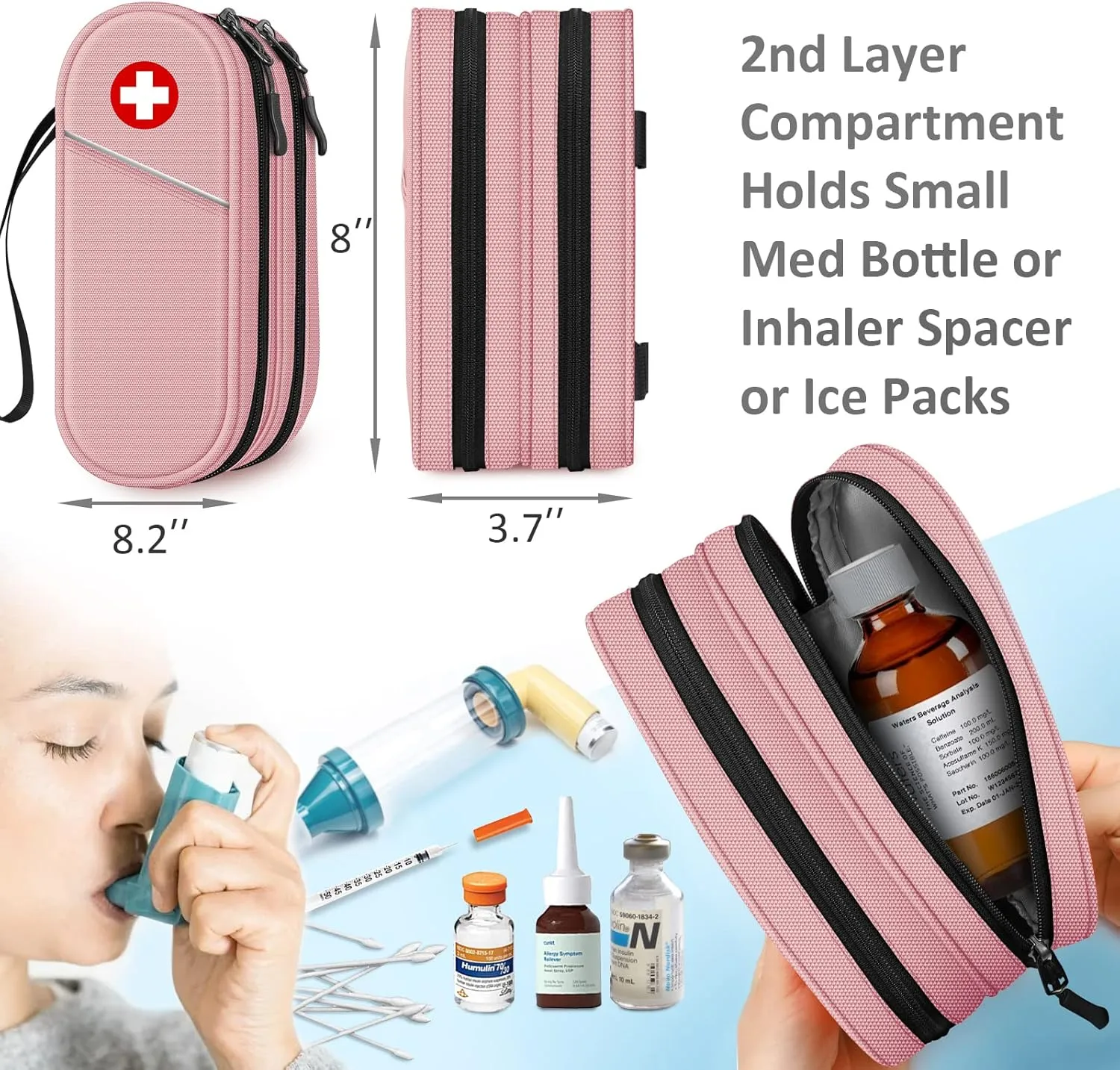 SITHON Double-Layer Epipen Carrying Case, Travel Medication Organizer Bag Emergency Medical Pouch Holds 2 EpiPens, Asthma Inhaler, Anti-Histamine, Auvi-Q, Allergy Medicine Essentials (Pink)