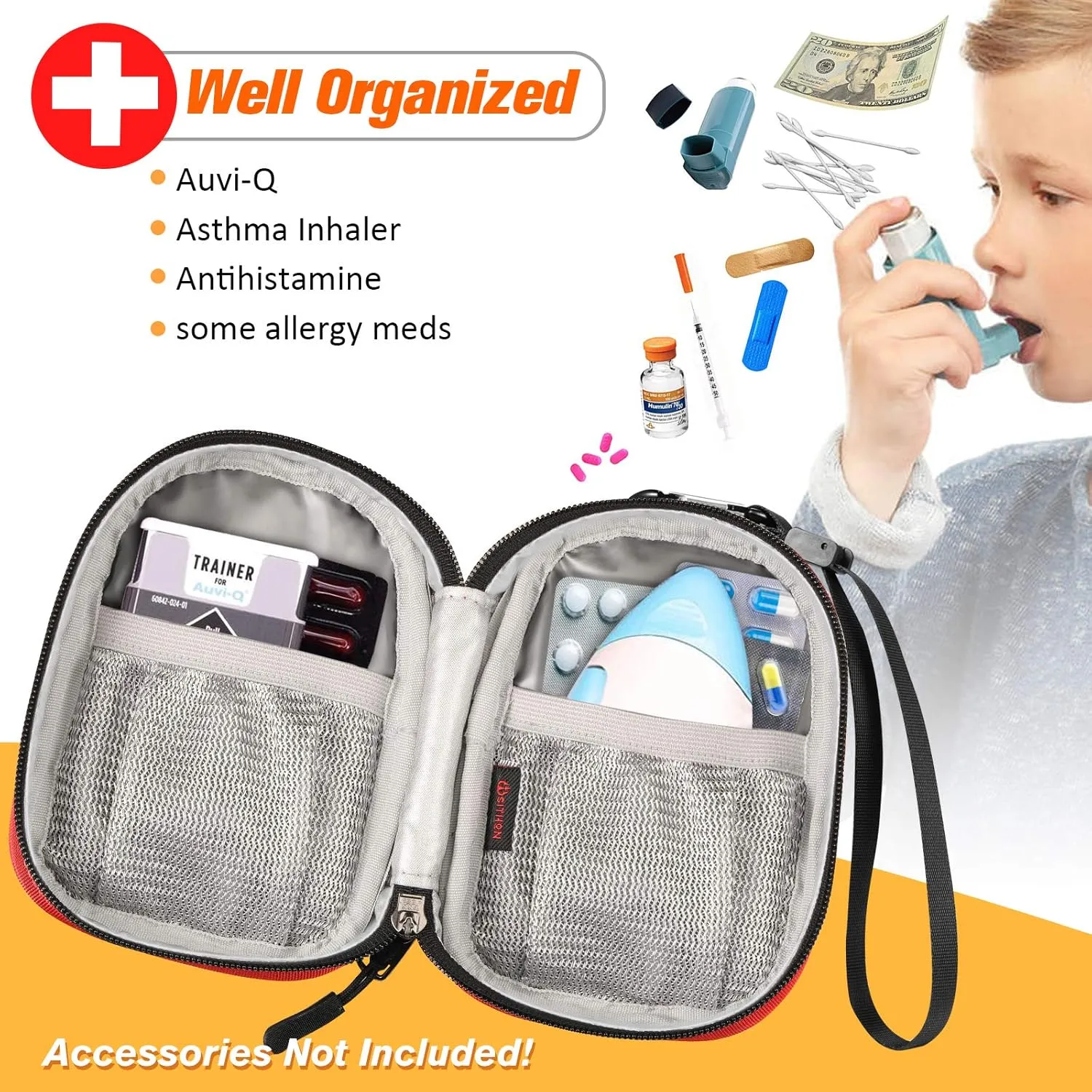 SITHON Insulated Medicine Carrying Case Bag - Small Travel Medication Organizer Emergency Medical Pouch Holds Auvi Q, Nasal Spray, Allergy Meds, Asthma Inhaler Case, Red