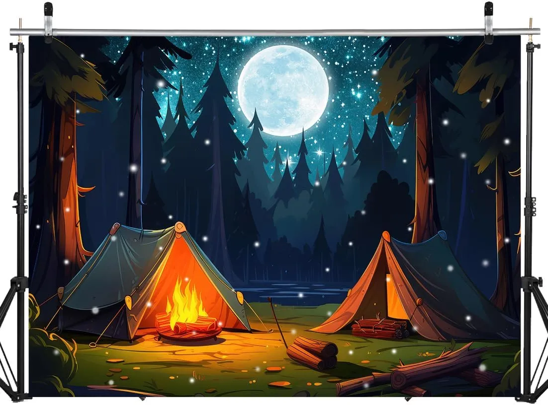 SJOLOON Camping Backdrop Forest Scene Photo Background for Camping Theme Party Decoration Banner 12772 (8x6FT)