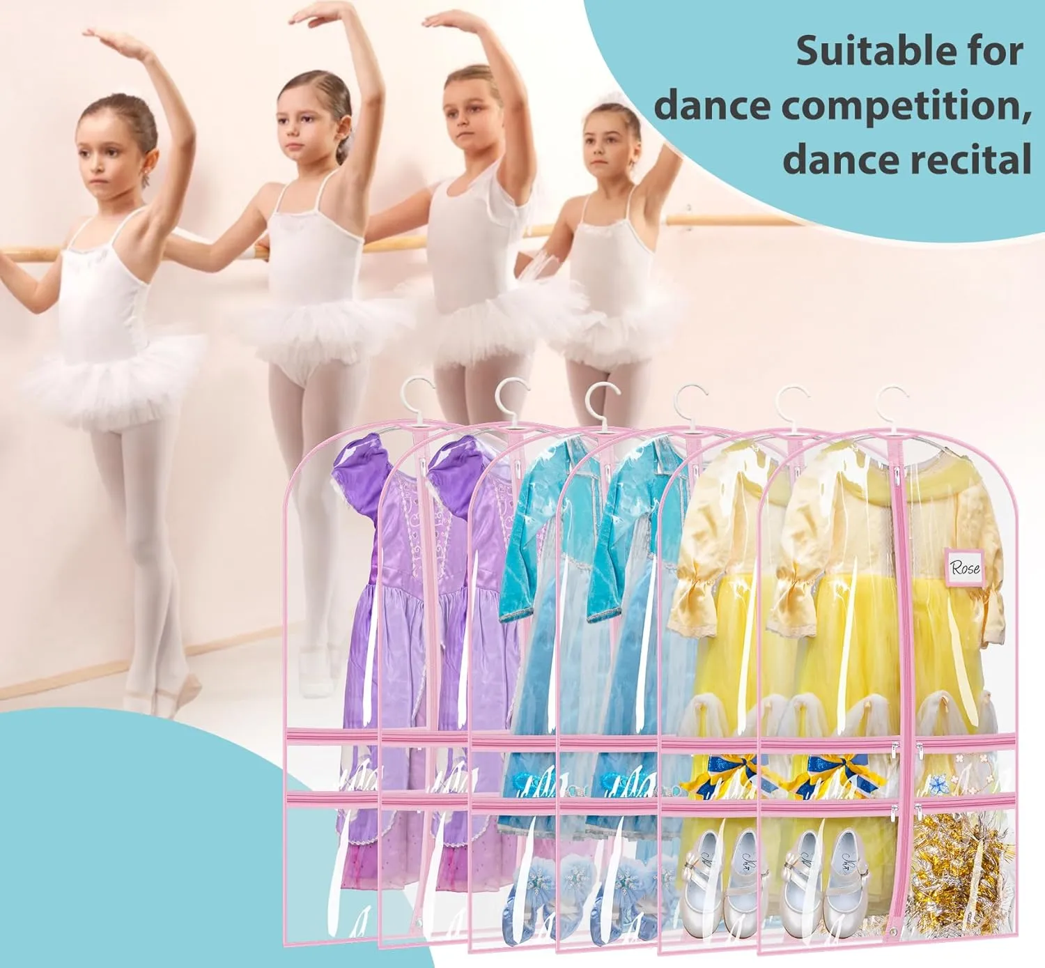 SLEEPING LAMB 6 Packs Clear Garment Bags for Dancers With 4 Pockets, 40" Kids Costume Bag for Travel and Dance Competition, Hanging Clothes Storage for Dress, Uniform, Pink