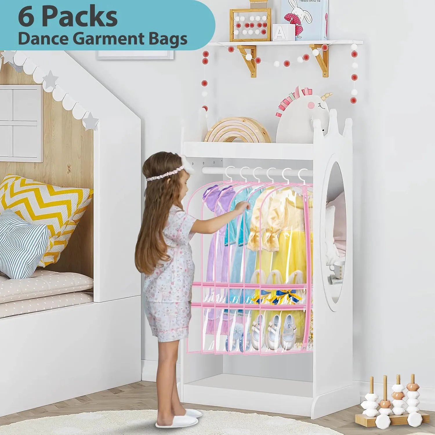 SLEEPING LAMB 6 Packs Clear Garment Bags for Dancers With 4 Pockets, 40" Kids Costume Bag for Travel and Dance Competition, Hanging Clothes Storage for Dress, Uniform, Pink