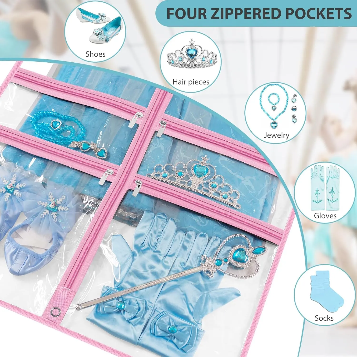 SLEEPING LAMB 6 Packs Clear Garment Bags for Dancers With 4 Pockets, 40" Kids Costume Bag for Travel and Dance Competition, Hanging Clothes Storage for Dress, Uniform, Pink