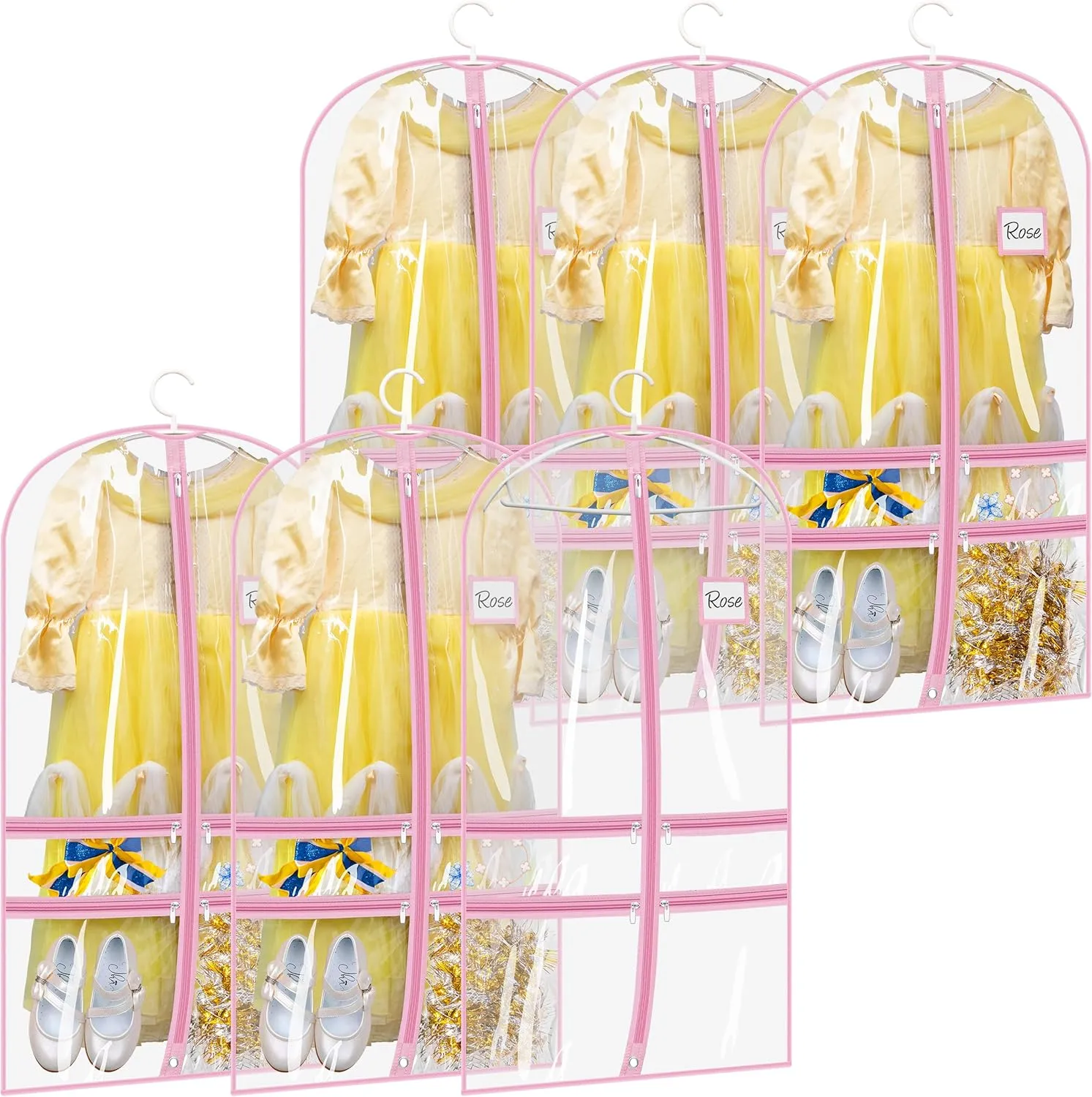 SLEEPING LAMB 6 Packs Clear Garment Bags for Dancers With 4 Pockets, 40" Kids Costume Bag for Travel and Dance Competition, Hanging Clothes Storage for Dress, Uniform, Pink