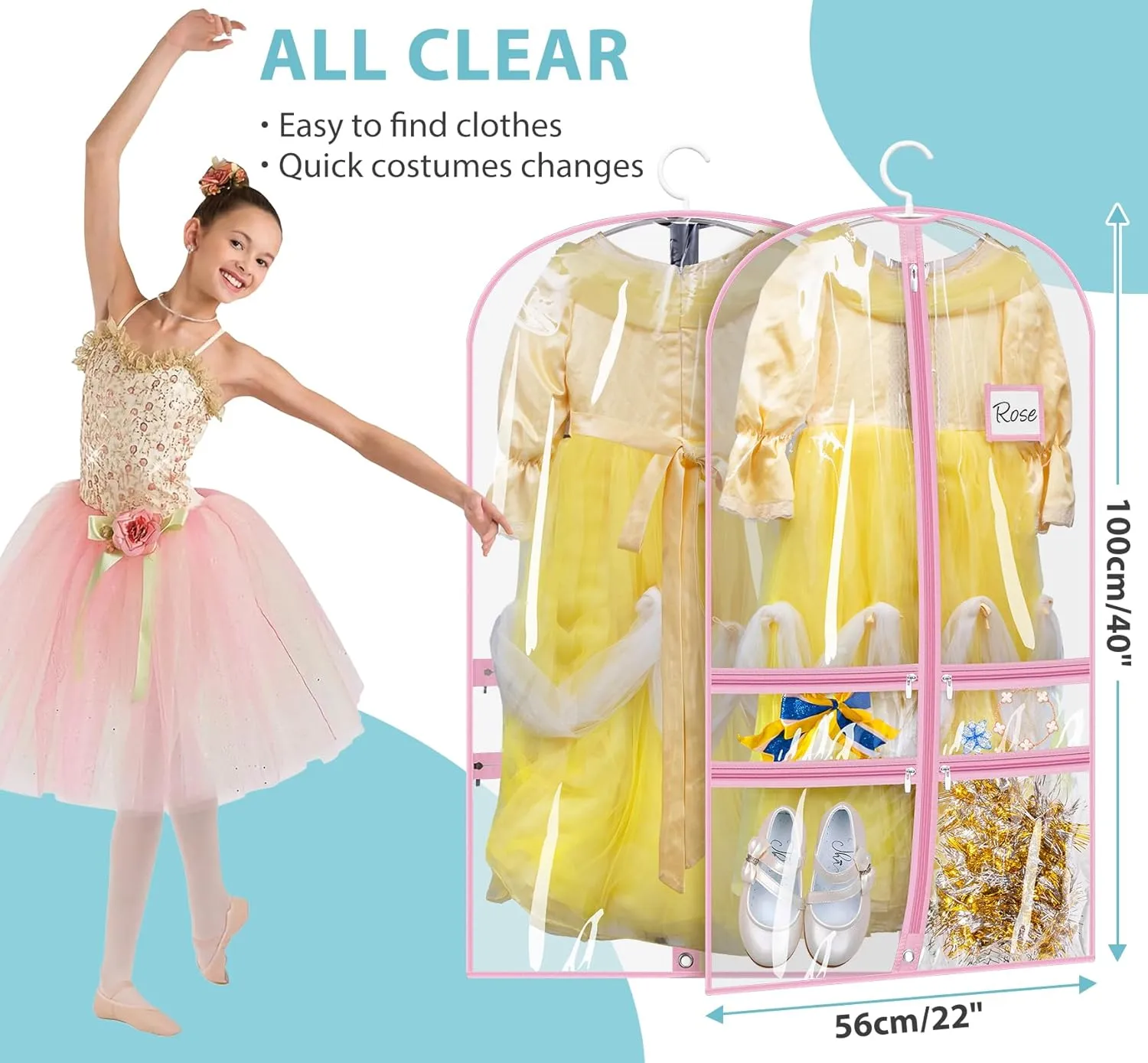 SLEEPING LAMB 6 Packs Clear Garment Bags for Dancers With 4 Pockets, 40" Kids Costume Bag for Travel and Dance Competition, Hanging Clothes Storage for Dress, Uniform, Pink