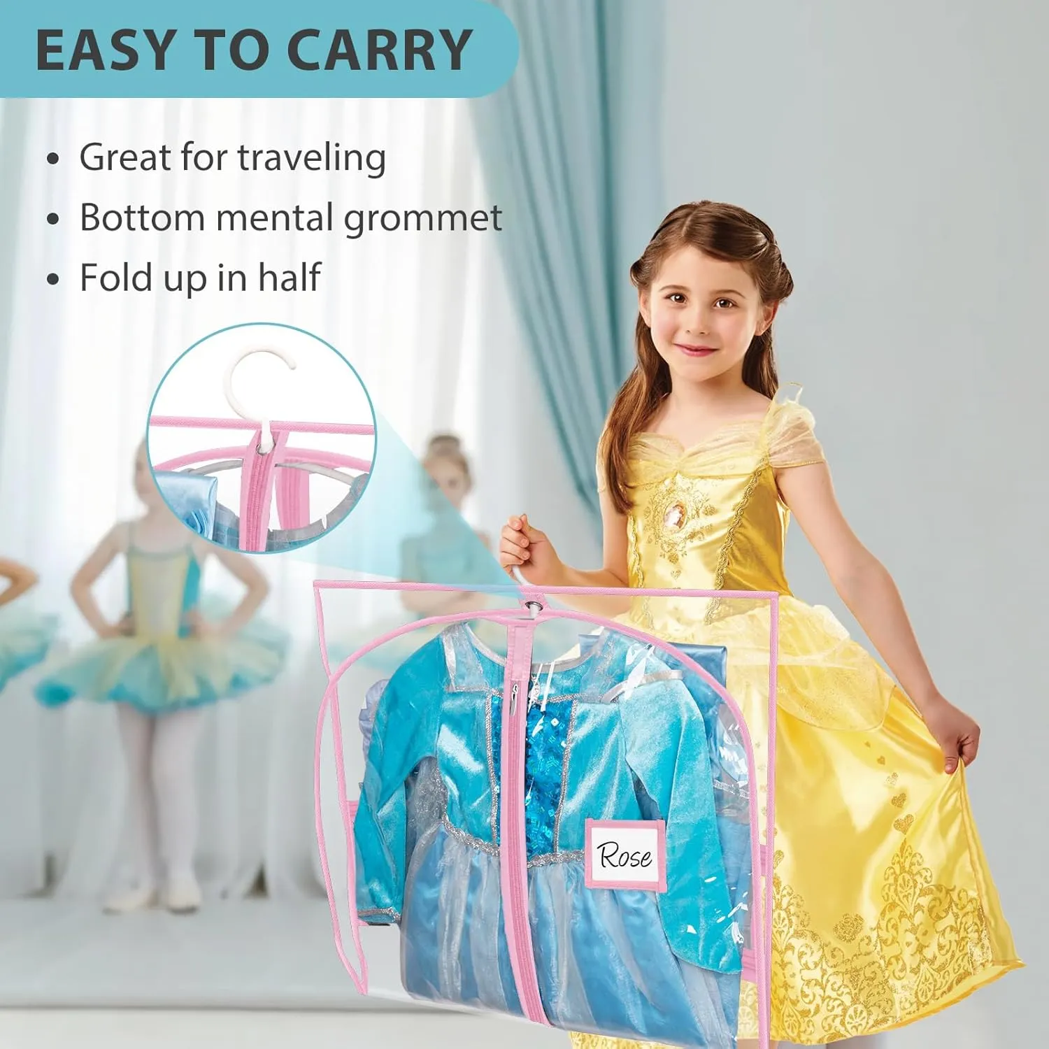 SLEEPING LAMB 6 Packs Clear Garment Bags for Dancers With 4 Pockets, 40" Kids Costume Bag for Travel and Dance Competition, Hanging Clothes Storage for Dress, Uniform, Pink