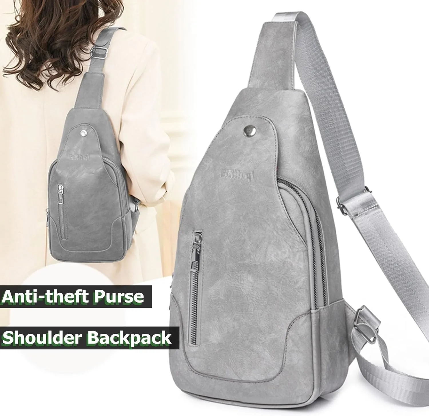 Sling Crossbody Bags for Women, Travel Anti-theft Sling Purse, Gray Cross Body Fanny Pack, Faux Leather Belt Bag