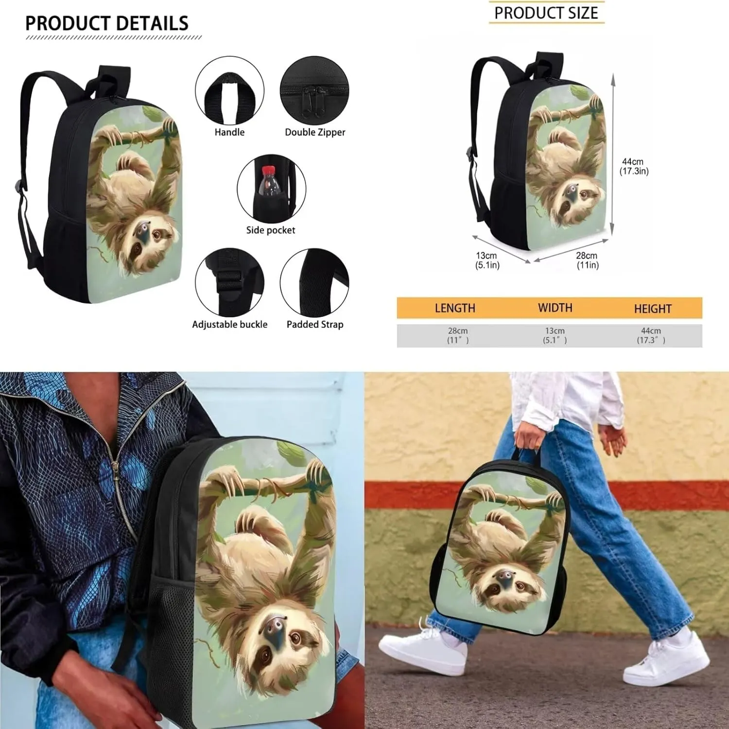Sloth Print Toddler Backpack with Lunch Box for Girls 17 inch Children's Polyester School Bag Retain Freshness Recycle Lunch Pack Bag Cute Pencil Pouch for Picnic Travel Hiking