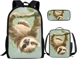 Sloth Print Toddler Backpack with Lunch Box for Girls 17 inch Children's Polyester School Bag Retain Freshness Recycle Lunch Pack Bag Cute Pencil Pouch for Picnic Travel Hiking