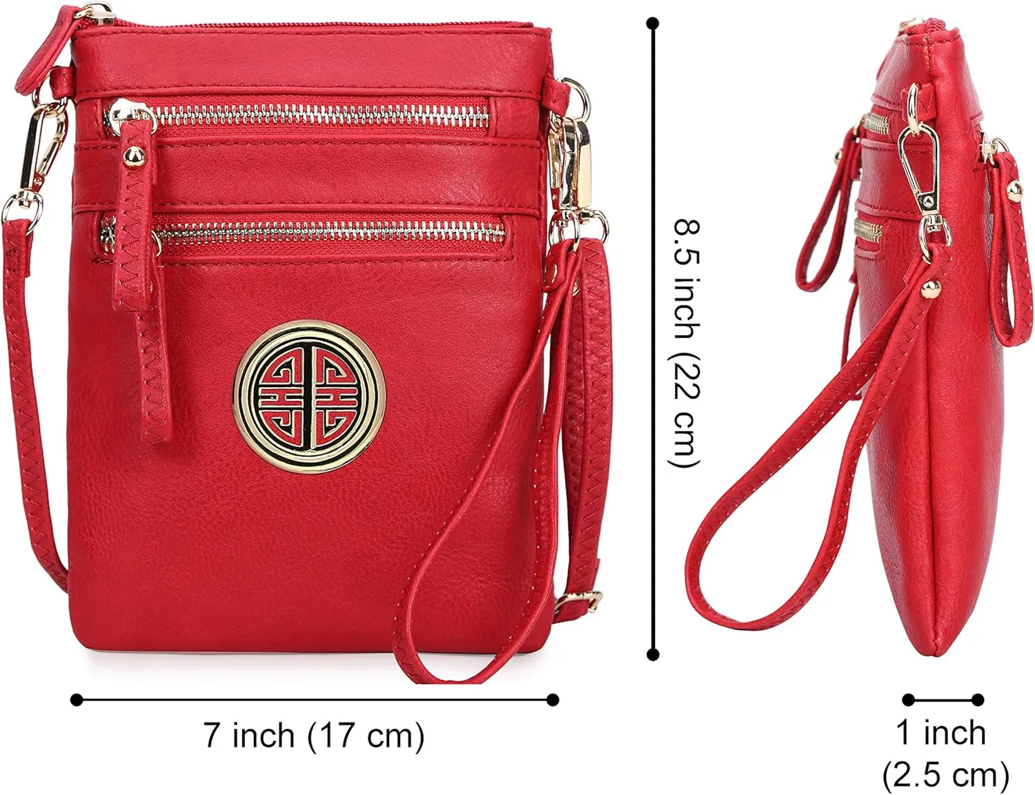 Solene Women's Faux Leather Organizer Multi Zipper Pockets With Detachable Wristlet Crossbody Bag