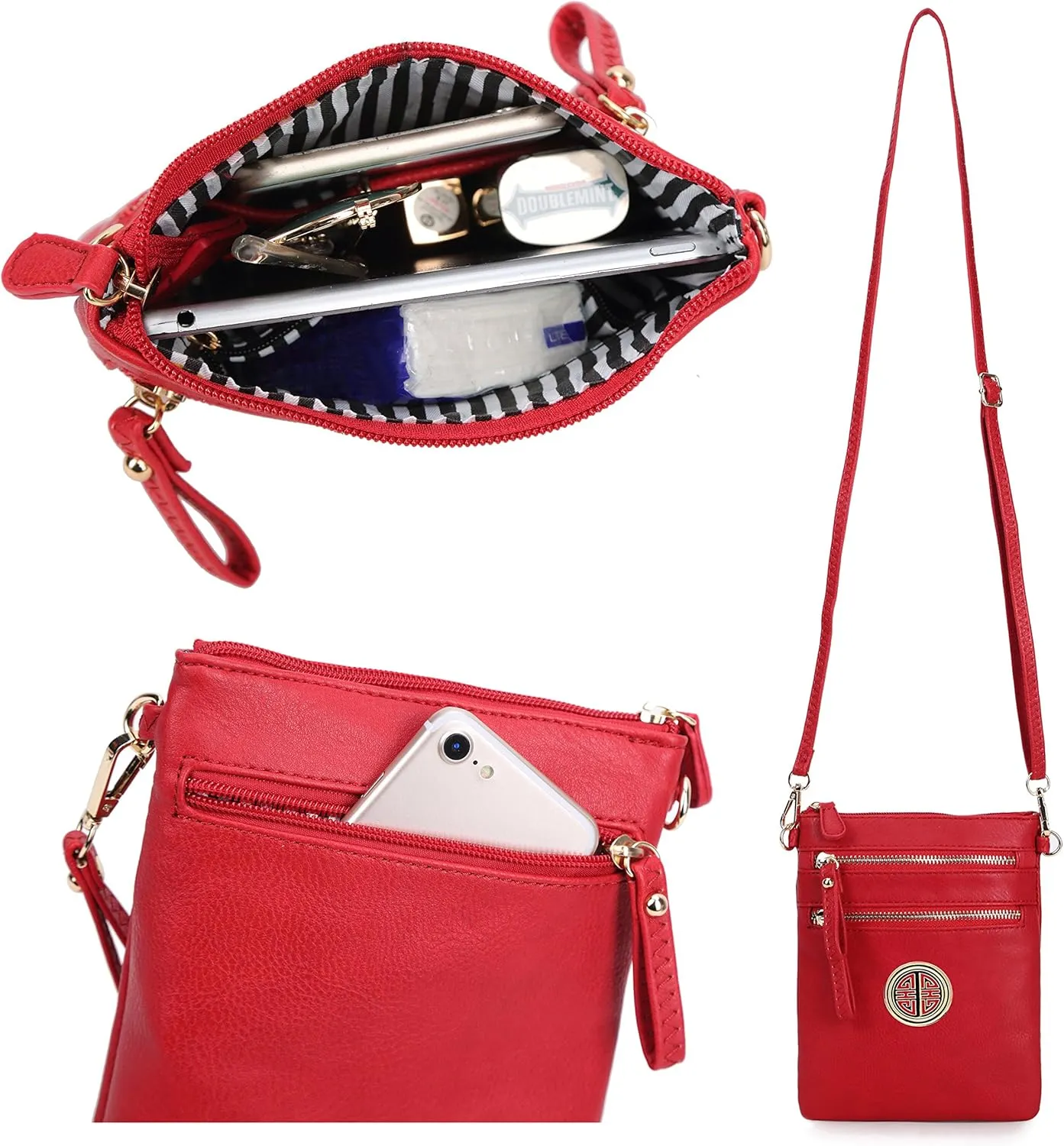 Solene Women's Faux Leather Organizer Multi Zipper Pockets With Detachable Wristlet Crossbody Bag