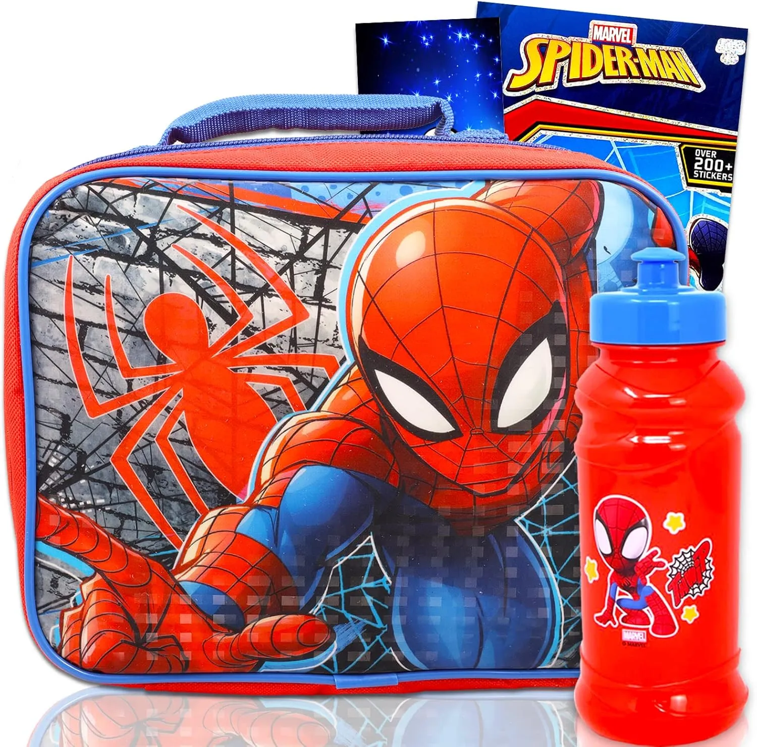 Spiderman Lunch Bag Set For Kids, Toddlers, Preschool ~ 5 Pc Bundle With Marvel Superhero Lunch Box, 16 oz Water Bottle, Stickers, And More | Avengers School Supplies