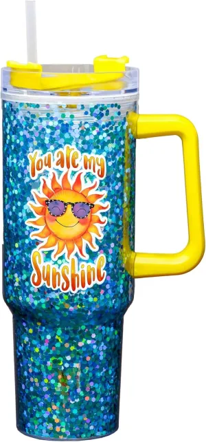 Spoontiques Sunshine 40oz Glitter Acrylic Travel Mug - Double Wall Acrylic with Sliding Lock Travel Lid and Straw - 11" Tall