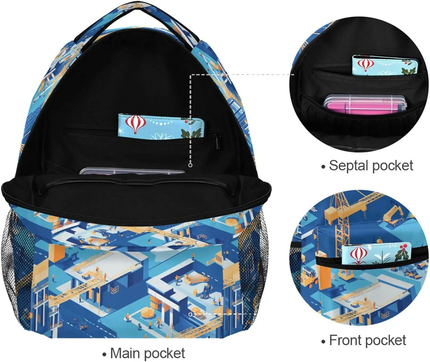 Sport Backpack for Teenager Fashion Backpack With Water Bottle Pocket with Chest Strap for Travel Trip Construction Scene Dump Truck Grader
