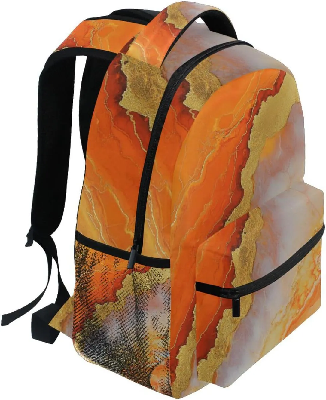 Sport Backpack for Women Men Waterproof College School Computer Bag with Chest Strap for College Work Marble Orange Gold