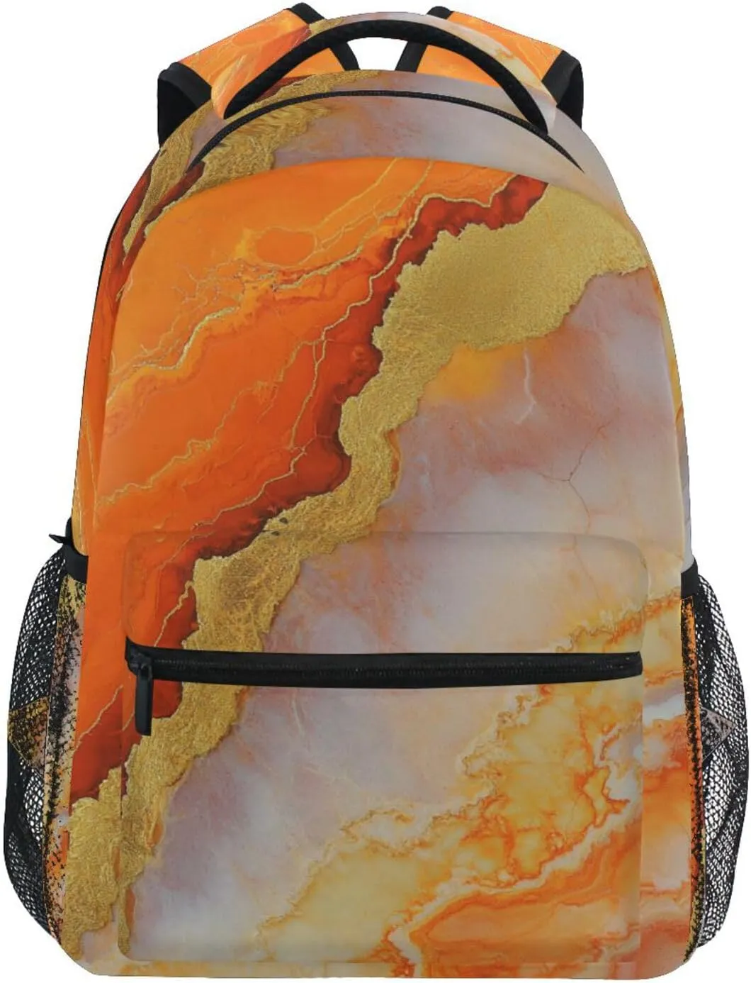 Sport Backpack for Women Men Waterproof College School Computer Bag with Chest Strap for College Work Marble Orange Gold