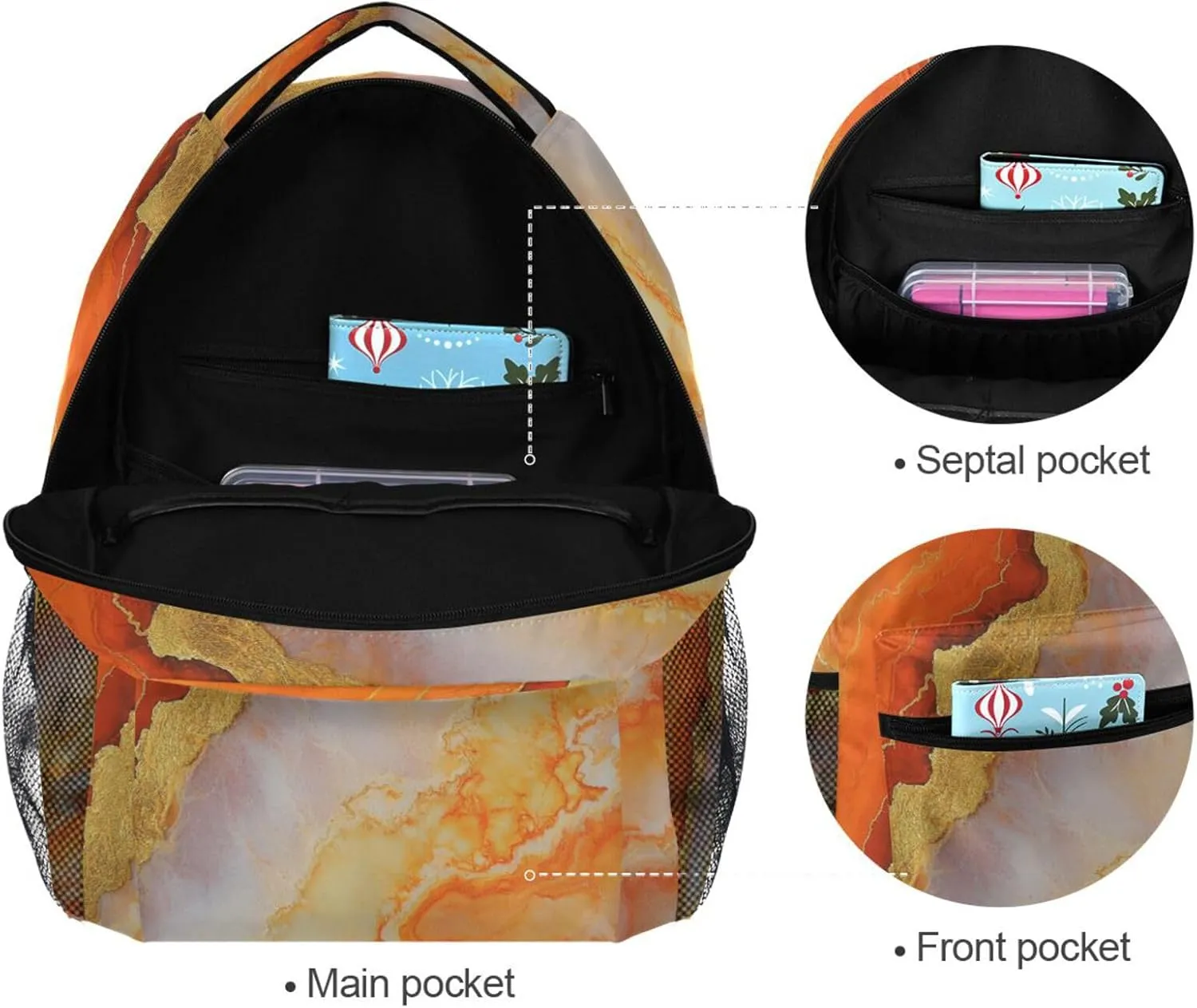Sport Backpack for Women Men Waterproof College School Computer Bag with Chest Strap for College Work Marble Orange Gold