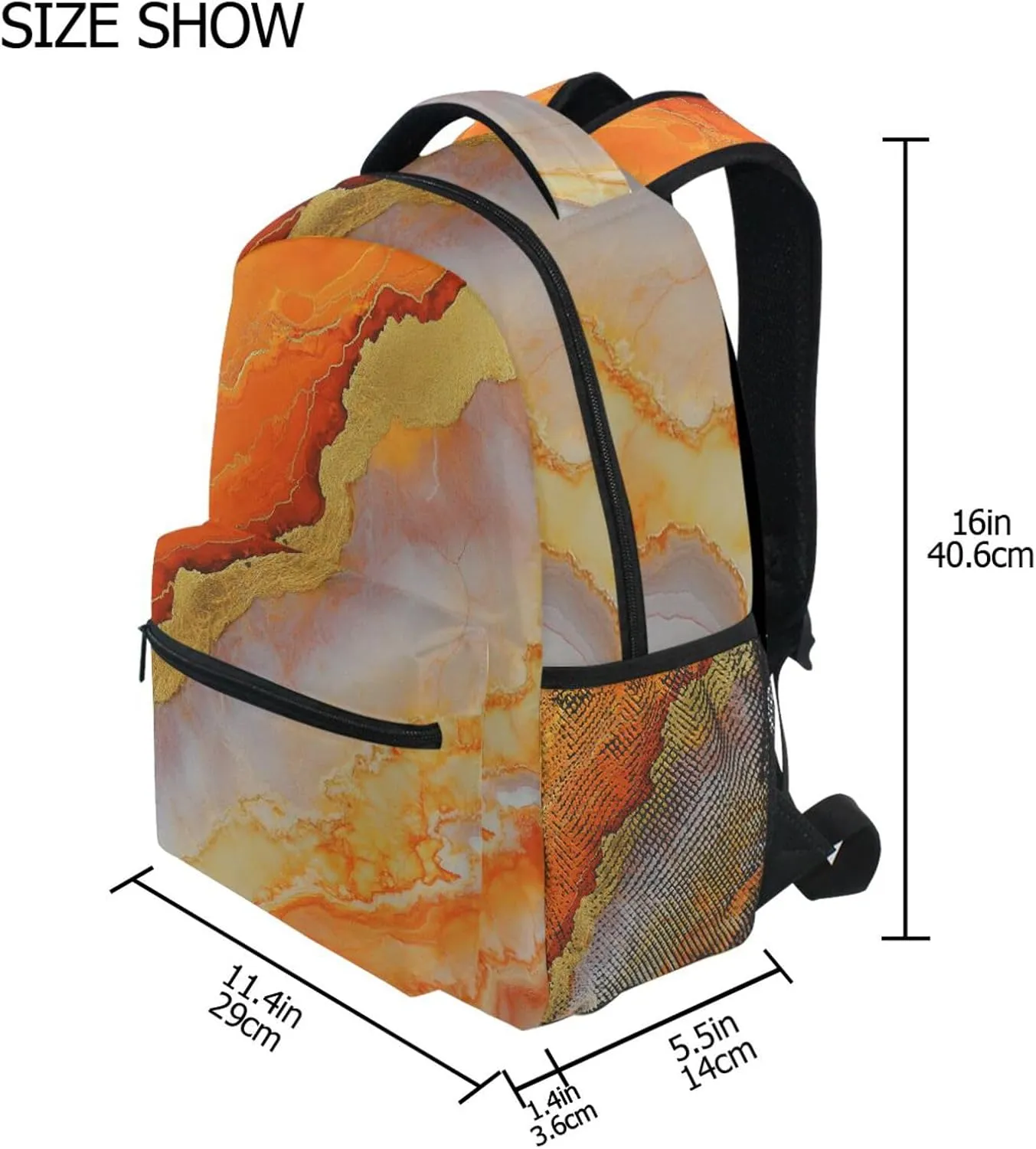 Sport Backpack for Women Men Waterproof College School Computer Bag with Chest Strap for College Work Marble Orange Gold