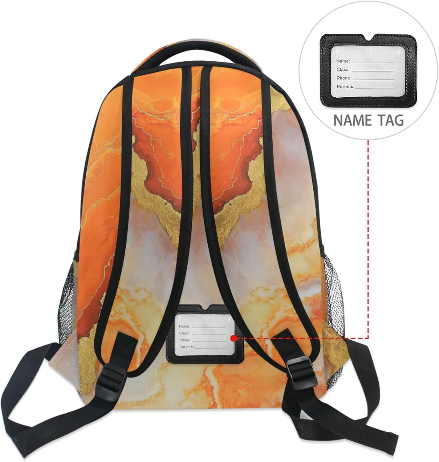 Sport Backpack for Women Men Waterproof College School Computer Bag with Chest Strap for College Work Marble Orange Gold