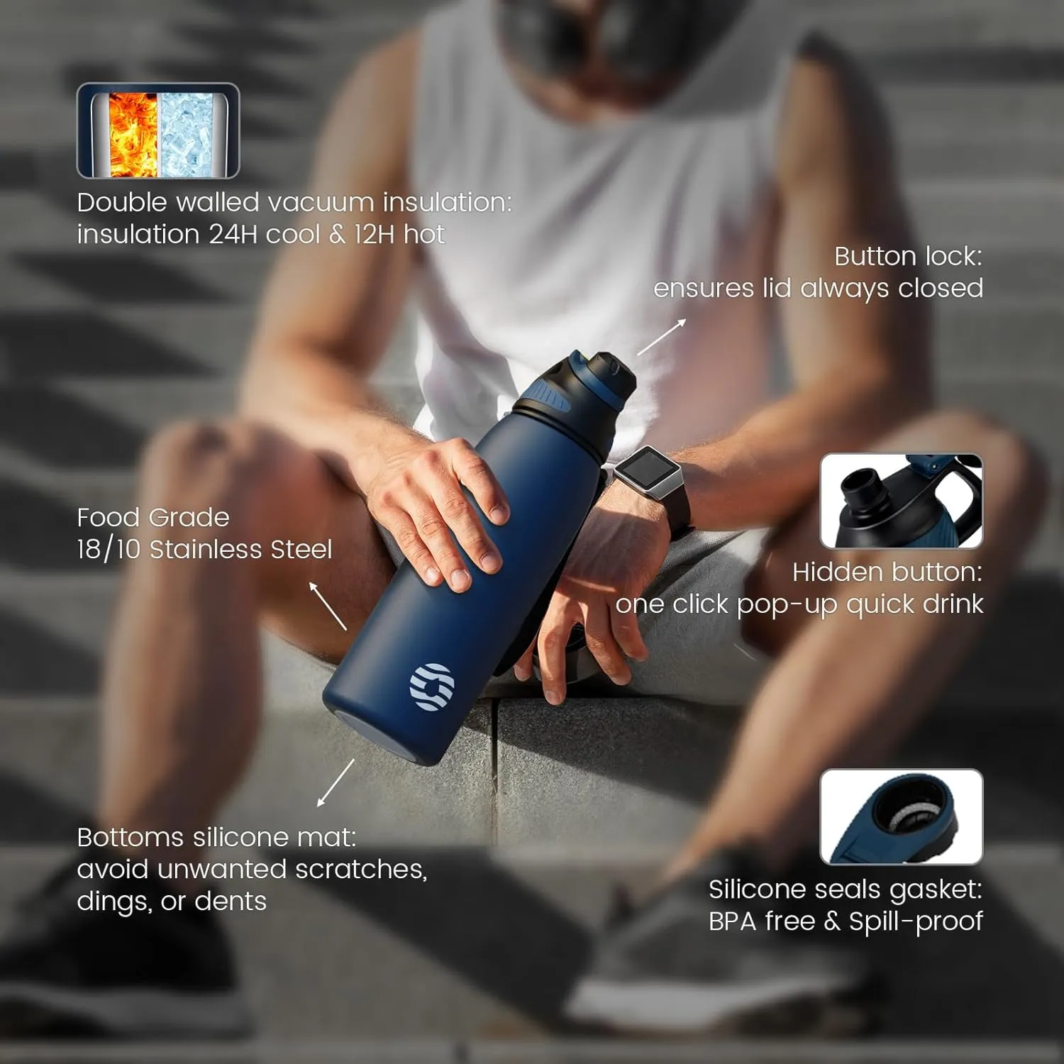 Stainless Steel Insulated Sports Water Bottle 32oz, BPA-Free, Double-Wall Vacuum, Magnetic Cap, No Straw, Cup Brush Included - Ideal Thermos for School, Fitness, and Outdoor Activities