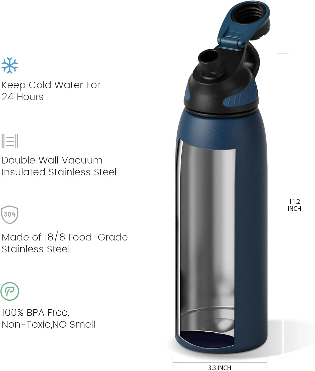 Stainless Steel Insulated Sports Water Bottle 32oz, BPA-Free, Double-Wall Vacuum, Magnetic Cap, No Straw, Cup Brush Included - Ideal Thermos for School, Fitness, and Outdoor Activities