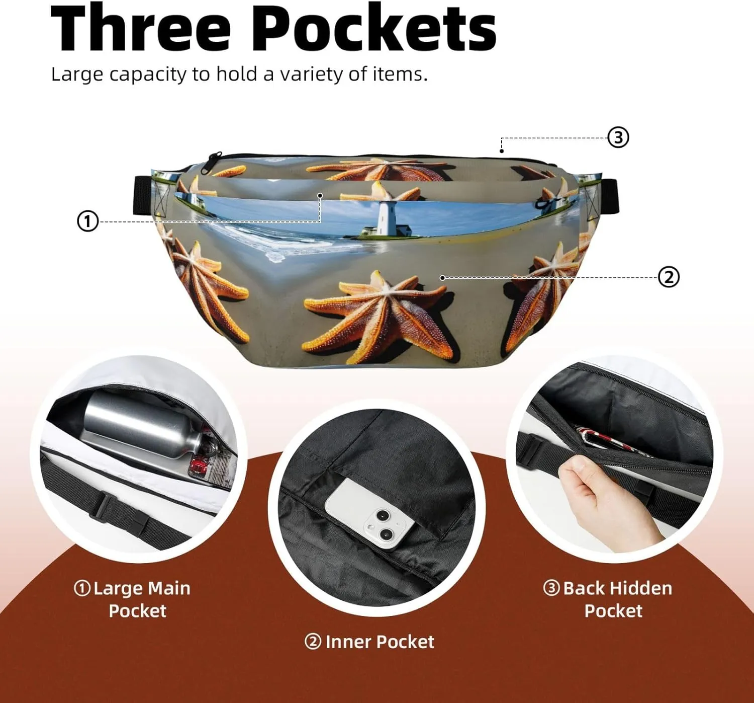 Starfish Lighthouse Beach Fanny Pack Crossbody Sling Bag â€“ Zipper Pockets for Travel, Hiking, Cycling, Workouts, and Everyday Use