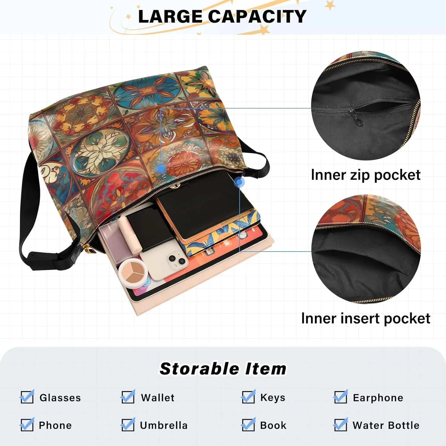 Stars in the Sky with Tree Shoulder Bag Leather, Leather Crossbody Shoulder Bag, Large Crossbody Bags Large Size