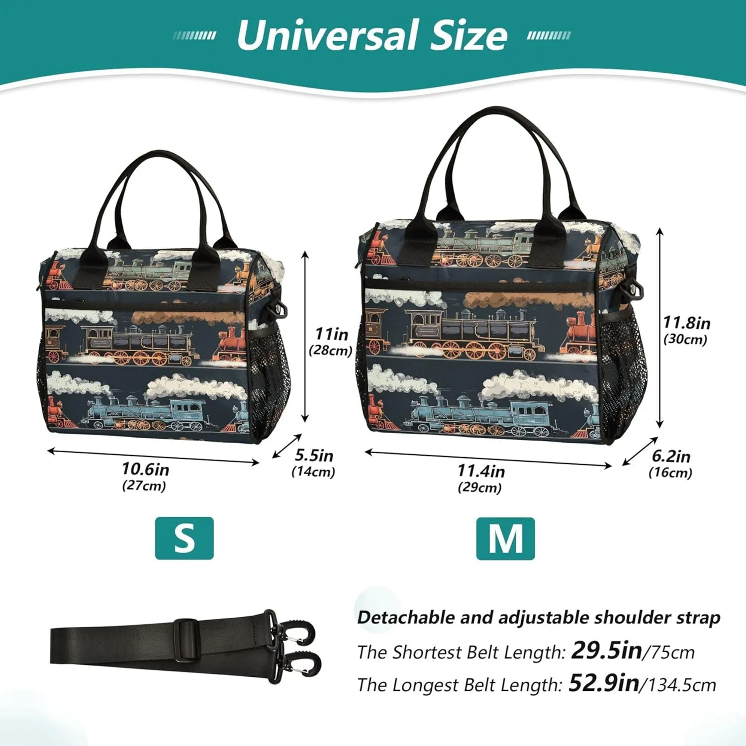 Steam Locomotives Train Black Large Lunch Tote Bags Insulated Lunch Box with Adjustable Shoulder Strap