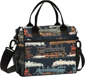 Steam Locomotives Train Black Large Lunch Tote Bags Insulated Lunch Box with Adjustable Shoulder Strap