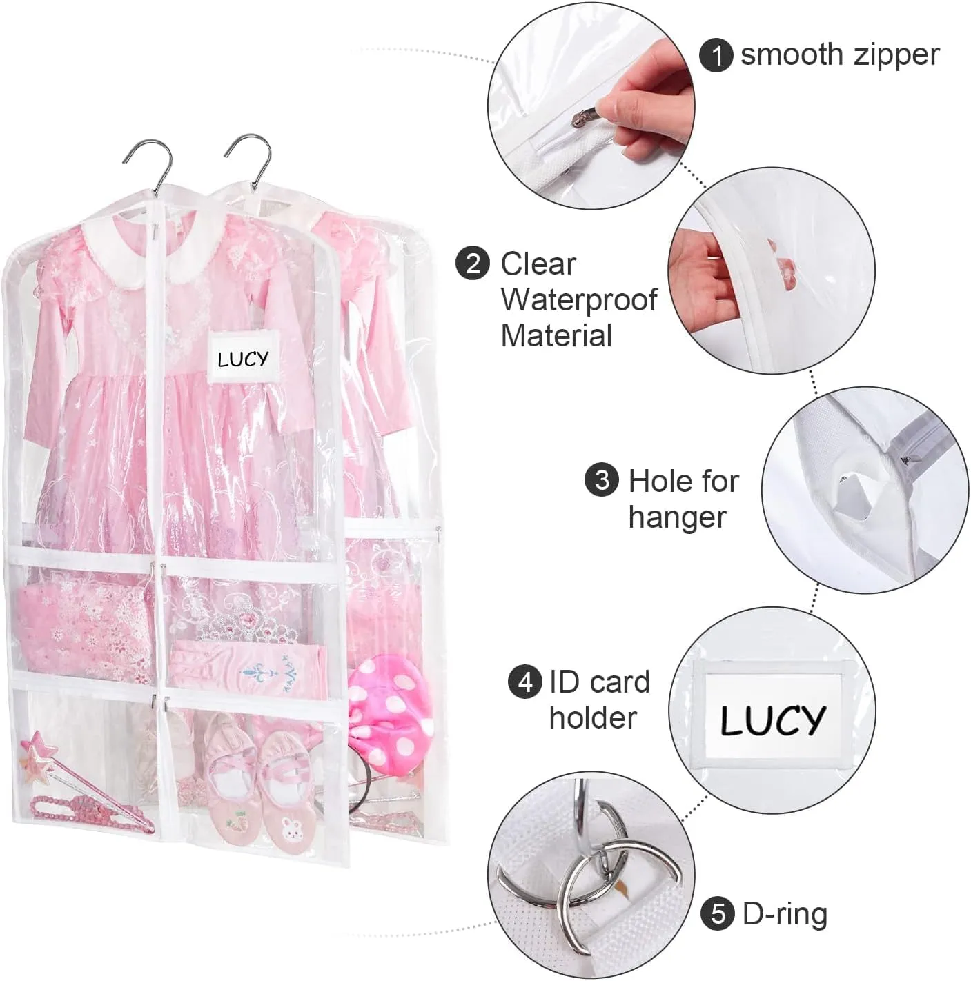 Stepstall PVC Clear Garment Bag, 40" Dance Costume Garment Bag for Dance Competitions with 5 Clear Zipper Pockets, Breathable Garment Bags for Hanging Clothes to Kids, Storage,Set of 3