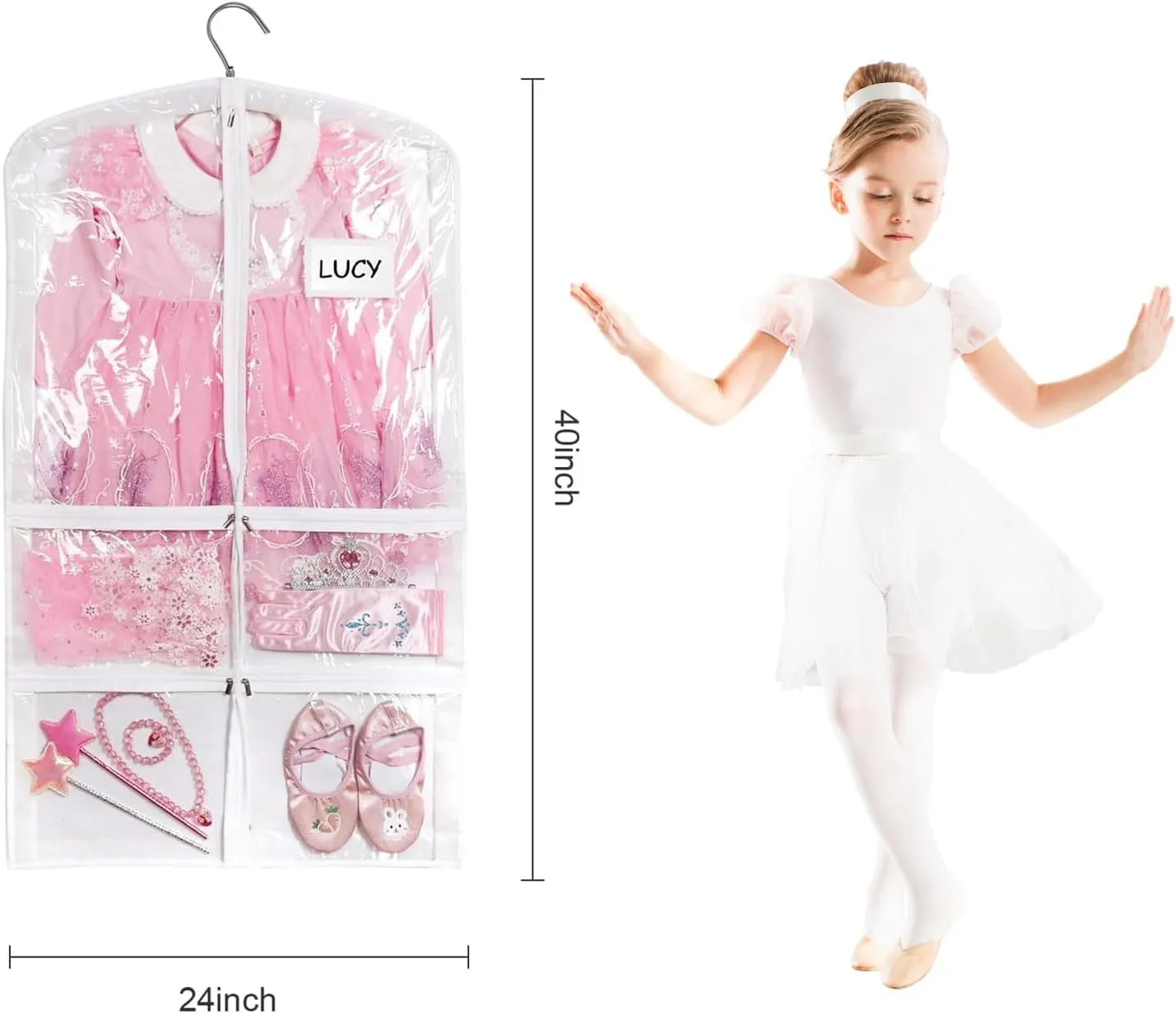 Stepstall PVC Clear Garment Bag, 40" Dance Costume Garment Bag for Dance Competitions with 5 Clear Zipper Pockets, Breathable Garment Bags for Hanging Clothes to Kids, Storage,Set of 3