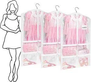 Stepstall PVC Clear Garment Bag, 40" Dance Costume Garment Bag for Dance Competitions with 5 Clear Zipper Pockets, Breathable Garment Bags for Hanging Clothes to Kids, Storage,Set of 3