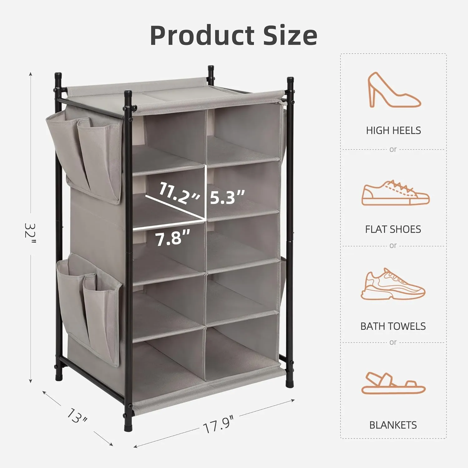 STORAGE MANIAC Shoe Cubby Organizer, Free Standing Shoe Cube Rack for Entryway, Bedroom, Apartment, Closet, 10-Cube Gray