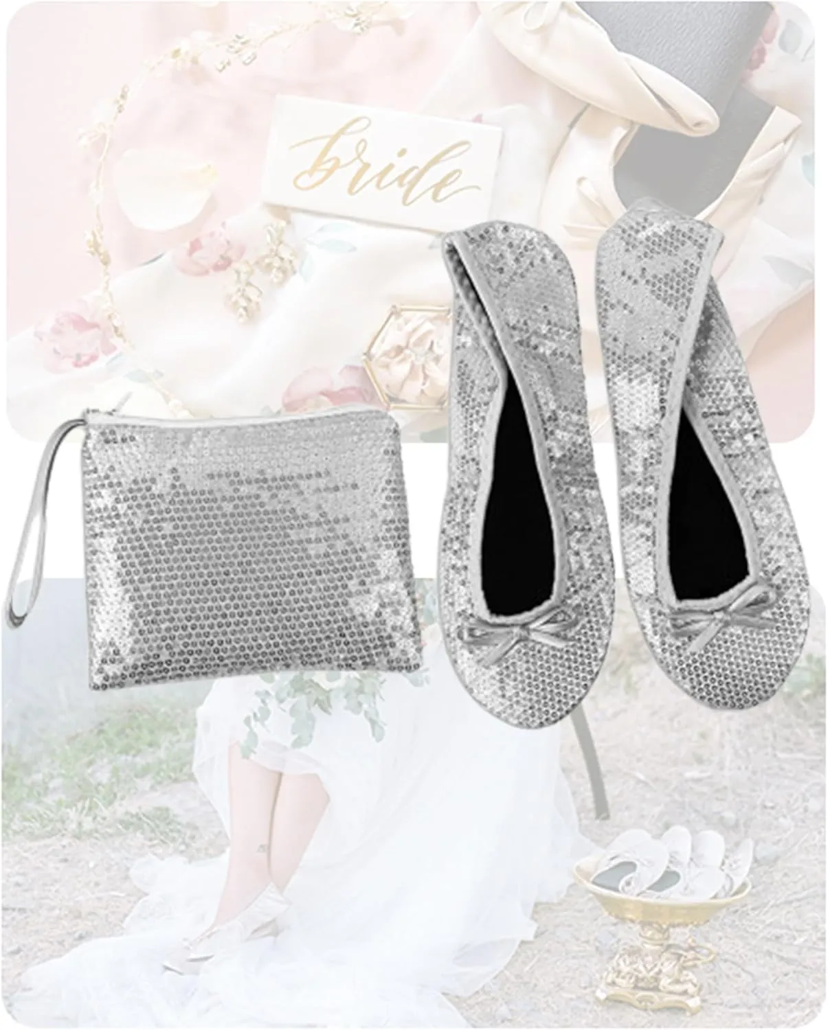 Stylish Foldable Ballet Flats for Women Portable Roll Up Travel Shoes for Wedding Bridesmaid Includes Carrying Pouch