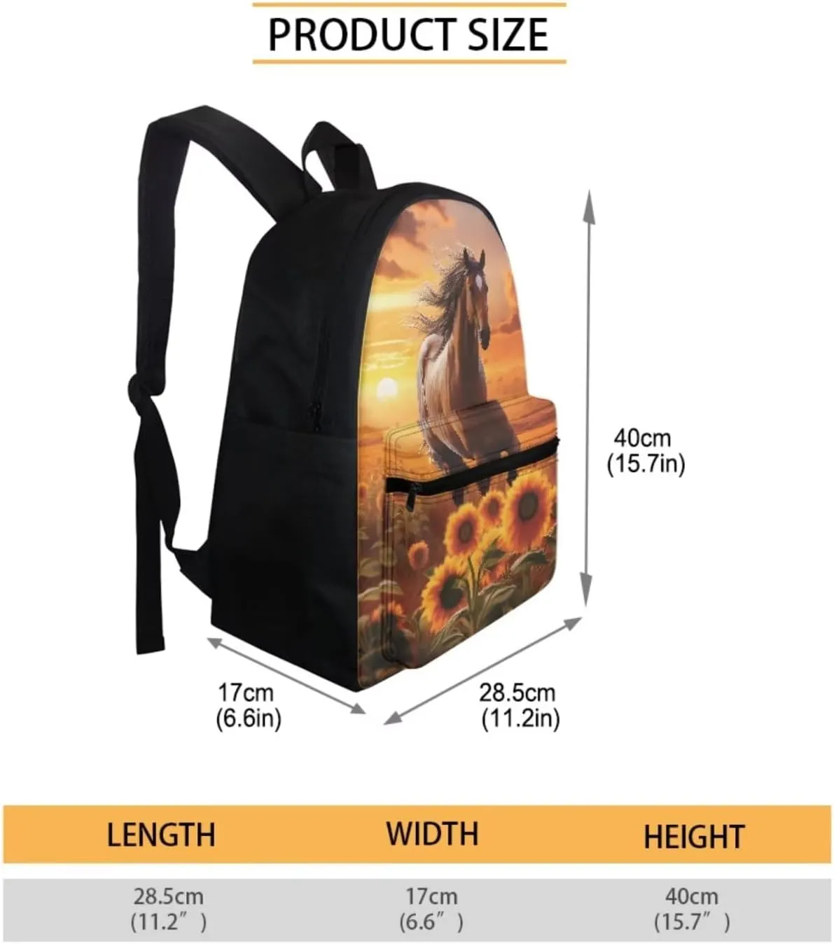 Sunflower Horse School Bag Elementary Backpack for Girls with Lunch Box Pencil Case 3PCS Primary Middle High School Back Packs Satchel for Kids Boys Back to School Daycare Bag Rucksack