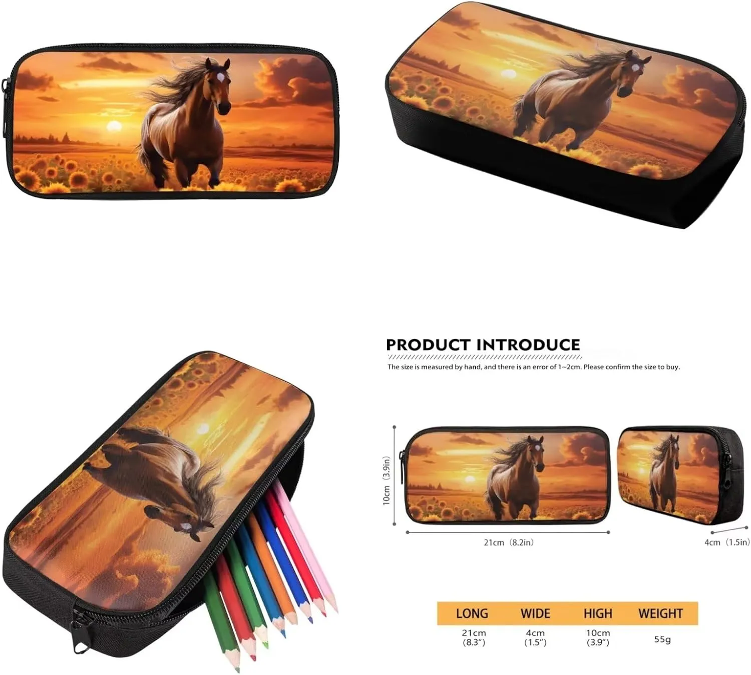 Sunflower Horse School Bag Elementary Backpack for Girls with Lunch Box Pencil Case 3PCS Primary Middle High School Back Packs Satchel for Kids Boys Back to School Daycare Bag Rucksack