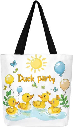 Sunglasses Duck Canvas Tote Bag for Women,Cute Wild Animal Large Shoulder Bag,Cartoon Pet Country