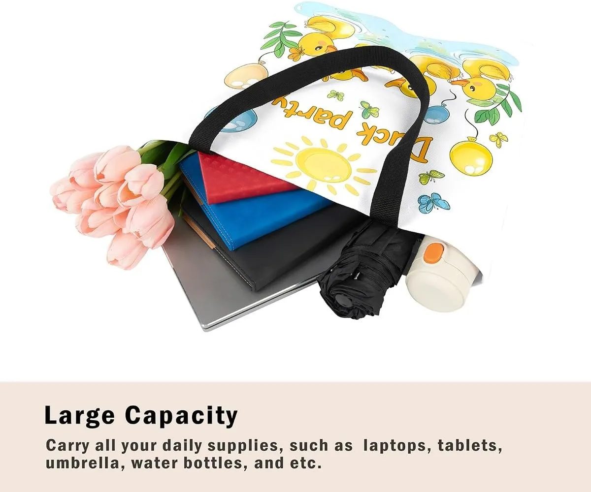 Sunglasses Duck Canvas Tote Bag for Women,Cute Wild Animal Large Shoulder Bag,Cartoon Pet Country