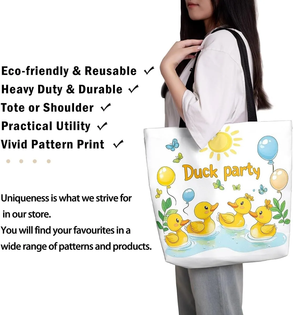 Sunglasses Duck Canvas Tote Bag for Women,Cute Wild Animal Large Shoulder Bag,Cartoon Pet Country