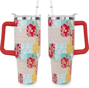 Sunmdecor Monther's Day Gift for Mom Grandma - Pioneer Woman Tumbler with Handle and Silicone Straws - 40 Oz Flower Cups Insulated Tumbler - Brithday Gifts for Women Girlfiend