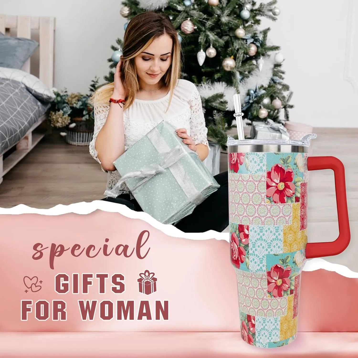 Sunmdecor Monther's Day Gift for Mom Grandma - Pioneer Woman Tumbler with Handle and Silicone Straws - 40 Oz Flower Cups Insulated Tumbler - Brithday Gifts for Women Girlfiend