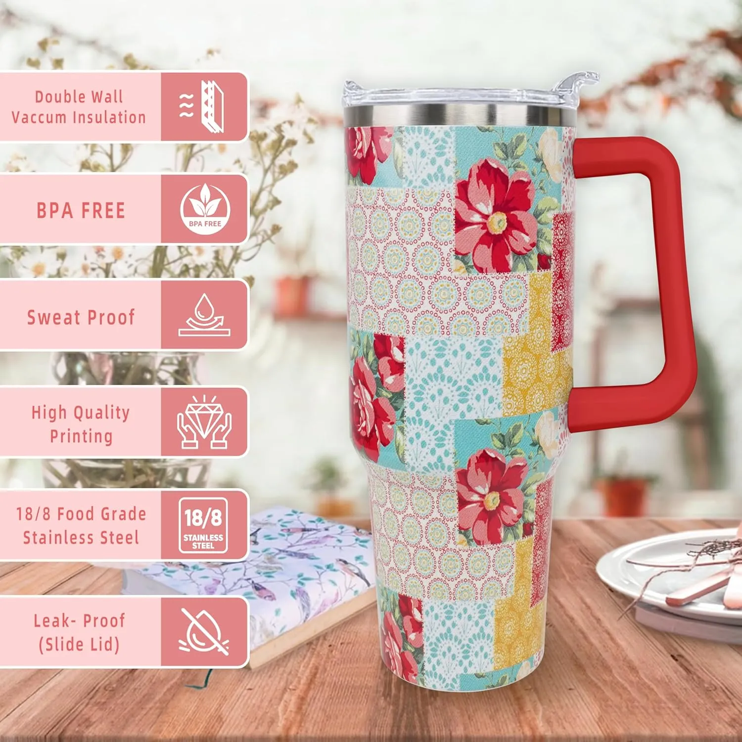 Sunmdecor Monther's Day Gift for Mom Grandma - Pioneer Woman Tumbler with Handle and Silicone Straws - 40 Oz Flower Cups Insulated Tumbler - Brithday Gifts for Women Girlfiend
