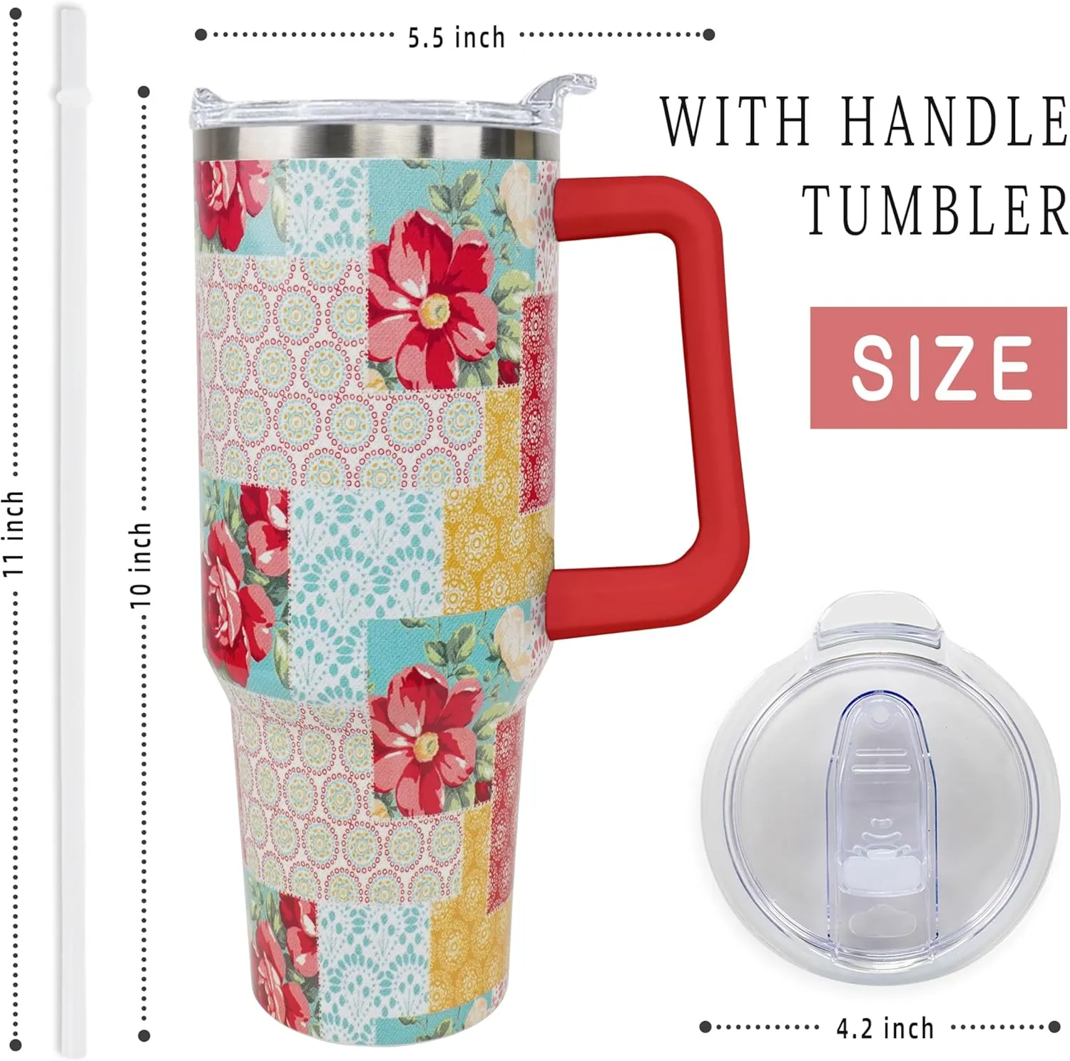 Sunmdecor Monther's Day Gift for Mom Grandma - Pioneer Woman Tumbler with Handle and Silicone Straws - 40 Oz Flower Cups Insulated Tumbler - Brithday Gifts for Women Girlfiend