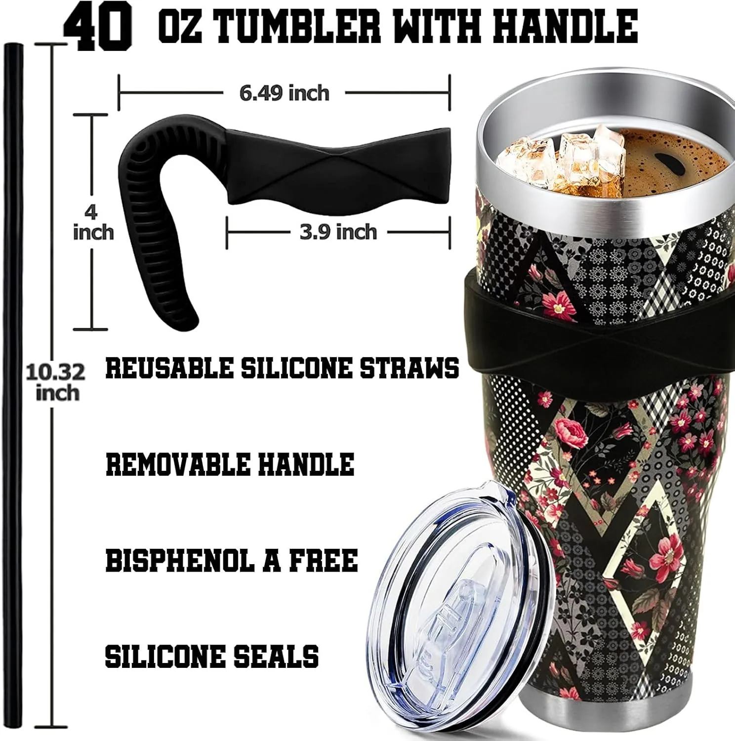 Sunmdecor Pioneer Women Flower Tumbler with Handle and Silicone Straws - 40 Oz Monther's day Cups gifts Insulated Tumbler - Brithdaty Gifts for Mon Daughter Grandma