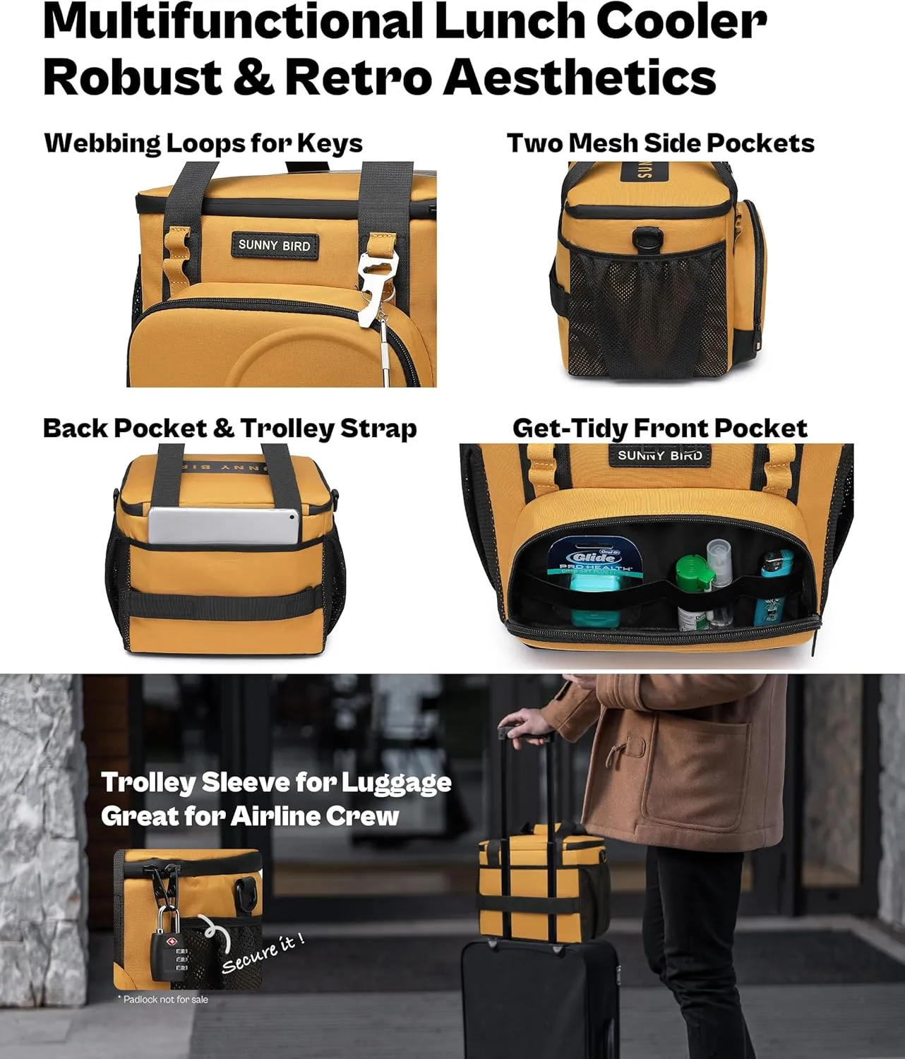 SUNNY BIRD 12L Large Insulated Lunch Bag, Leakproof and Foldable Lunch Cooler Box for Women Adult and Men, Fits 18 Cans (Ochre 01)